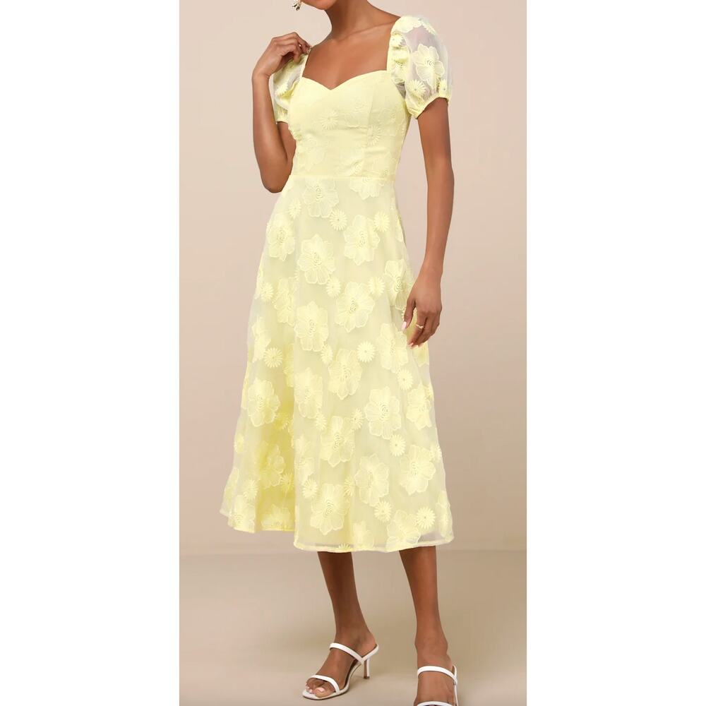 NWT Lulus Sweetest Behavior Yellow Embroidered Puff Sleeve Midi Dress Medium